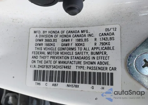 2012 Honda Civic Lx из США, поврежденный, VIN 2HGFB2F54CH574492